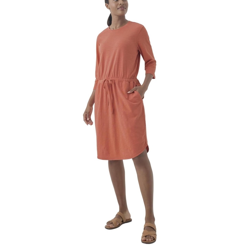 Pact Organic Cotton Drawstring Waist T-Shirt Dress 3/4 Sleeve Pockets Size Large